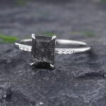 Pattiring Emerald Cut Black Rutilated Quartz White Gold Engagement Ring