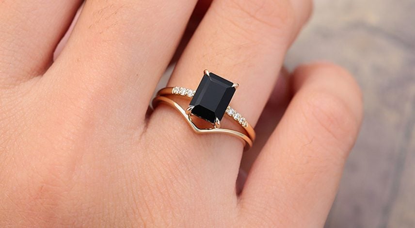 Pattiring Emerald Cut Black Onyx Yellow Gold Engagement Ring Set-1 Pattiring Emerald Cut Black Onyx Yellow Gold Engagement Ring Set