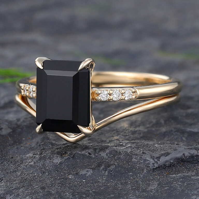 Emerald Cut Black Onyx Yellow Gold Engagement Ring Set | PattiRing