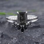 Pattiring Emerald Cut Black Rutilated Quartz Engagement Ring Set
