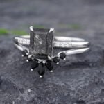 Pattiring Emerald Cut Black Rutilated Quartz Engagement Ring Set