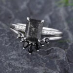 Pattiring Emerald Cut Black Rutilated Quartz Engagement Ring Set