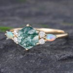 Pattiring Hexagon Cut Moss Agate Yellow Gold Engagement Ring