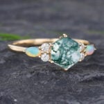 Pattiring Hexagon Cut Moss Agate Yellow Gold Engagement Ring