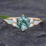 Pattiring Hexagon Cut Moss Agate Yellow Gold Engagement Ring
