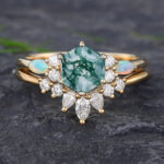 Pattiring Hexagon Cut Moss Agate Yellow Gold Engagement Ring Set