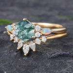 Pattiring Hexagon Cut Moss Agate Yellow Gold Engagement Ring Set