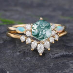 Pattiring Hexagon Cut Moss Agate Yellow Gold Engagement Ring Set
