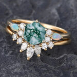 Pattiring Hexagon Cut Moss Agate Yellow Gold Engagement Ring Set