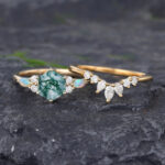 Pattiring Hexagon Cut Moss Agate Yellow Gold Engagement Ring Set