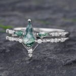 Pattiring Kite Cut Moss Agate White Gold Engagement Ring Set