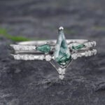 Pattiring Kite Cut Moss Agate White Gold Engagement Ring Set