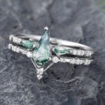 Pattiring Kite Cut Moss Agate White Gold Engagement Ring Set