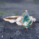 Pattiring Kite Shaped Moss Agate Rose Gold Cluster Engagement Ring