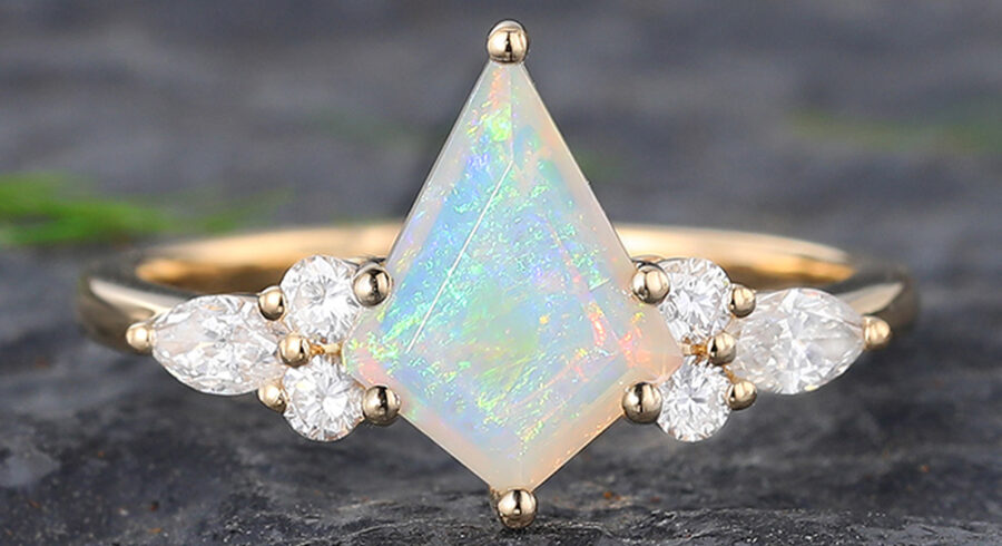 Pattiring Kite Shaped Opal Yellow Gold Cluster Engagement Ring