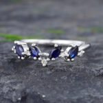 Pattiring Marquise Cut Blue Sapphire & Diamond White Gold Curved Wedding Band