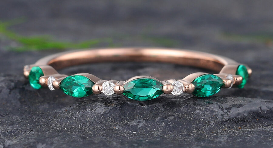 Pattiring Rose Gold Marquise Cut Emerald and Diamond Half Eternity Wedding Band