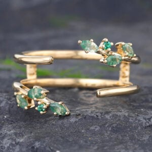 Pattiring Yellow Gold Marquise Cut Moss Agate OpenWedding Band