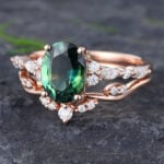 Pattiring Oval Cut Teal sapphire Rose Gold Engagement Ring Set
