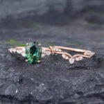Pattiring Oval Cut Teal sapphire Rose Gold Engagement Ring Set