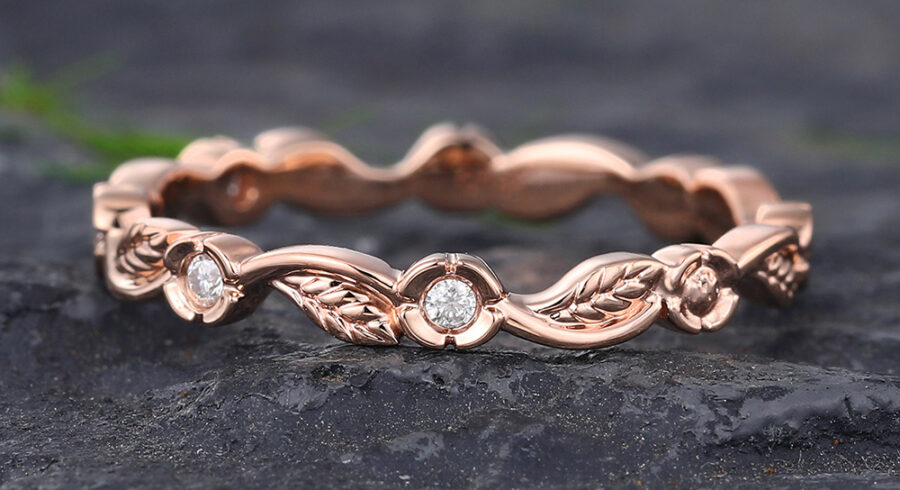 Pattiring Rose Gold Wedding Band Leaf Matching Stackable Ring