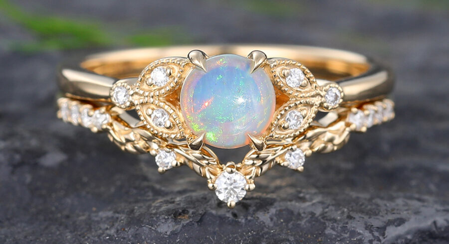 Pattiring Unique Opal Yellow Gold Engagement Ring Set
