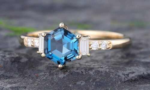 Pattiring Hexagon Cut London Blue Topaz Yellow Gold Engagement Ring -2
