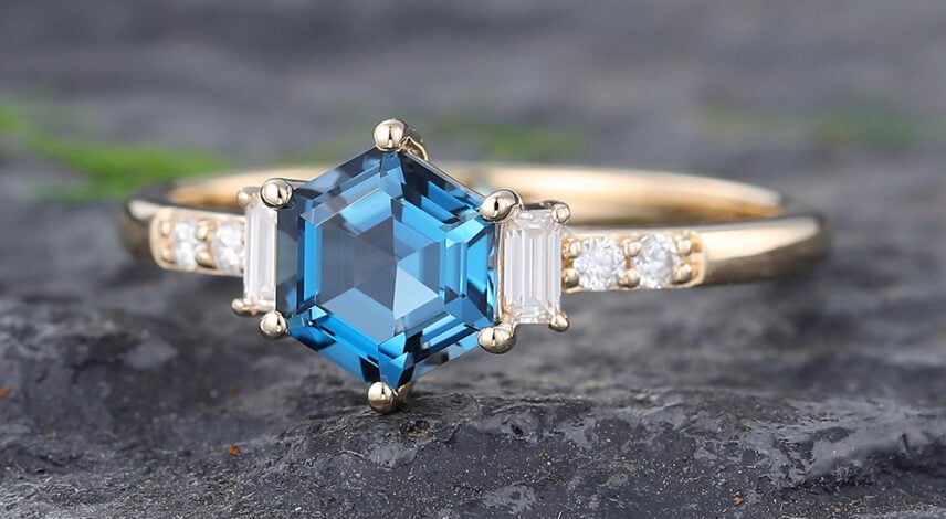 Pattiring Hexagon Cut London Blue Topaz Yellow Gold Engagement Ring -2