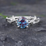 Pattiring Round Cut Alexandrite Promise Ring White Gold Leaf Ring