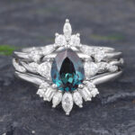 3pcs Pear Shaped Lab Alexandrite Engagement Ring Set White Gold