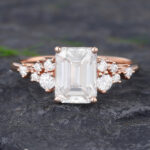 Pattiring Emerald Cut C&C Moissanite Rose Gold Diamond Cluster Engagement Ring