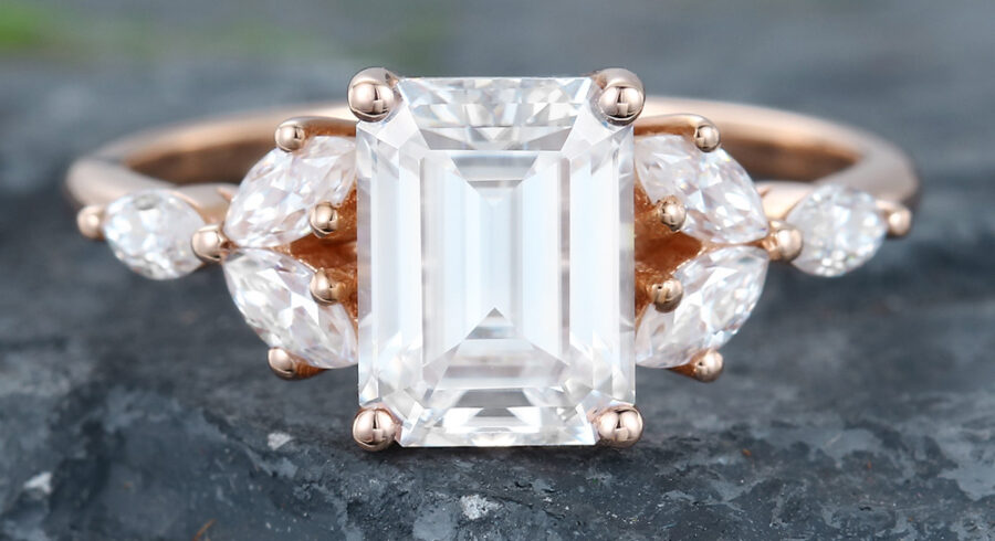 Pattiring Emerald Cut C&C Moissanite Rose Gold Marquise Cut Diamond Engagement Ring