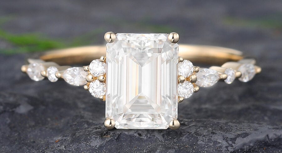 Pattiring Emerald Cut C&C Moissanite Solid Gold Marquise cut Diamond Engagement Ring