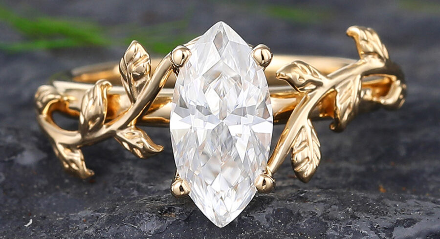 Pattiring Marquise Cut 1 Carat Moissanite Solid Gold Leaf Engagement Ring