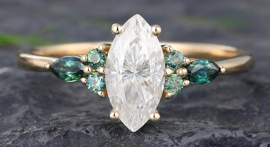 Pattiring Marquise Cut 1 Carat Moissanite Solid Gold Teal Sapphire Engagement Ring