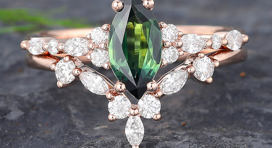 Pattiring Marquise Cut Teal Sapphire Rose Gold Engagement Ring Set