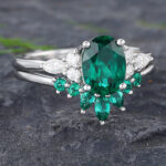 Pattiring Oval Cut Emerald White Gold Emerald Engagement Ring Set 1