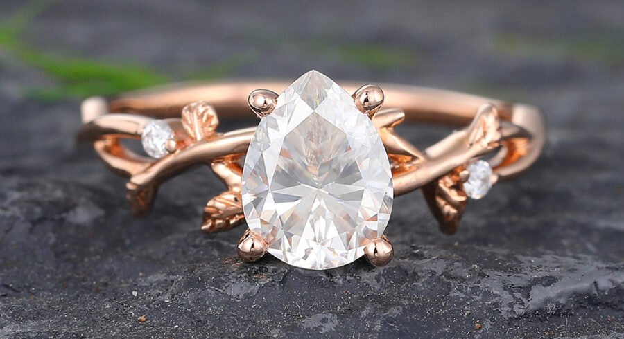Pattiring Pear Shaped C&C Moissanite Rose Gold Twig Diamond Engagement Ring