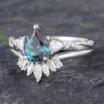 Pattiring Pear Shaped Lab Alexandrite White Gold Baguette Cut Diamond Engagement Ring Set 1