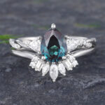 Pattiring Pear Shaped Lab Alexandrite White Gold Baguette Cut Diamond Engagement Ring Set
