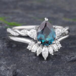Pattiring Pear Shaped Lab Alexandrite White Gold Baguette Cut Diamond Engagement Ring Set 2