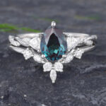 Pattiring Pear Shaped Lab Alexandrite White Gold Engagement Ring Set