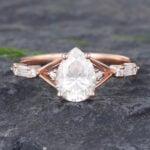 Pattiring Pear Shaped Moissanite Rose Gold Baguette Cut Diamond Engagement Ring