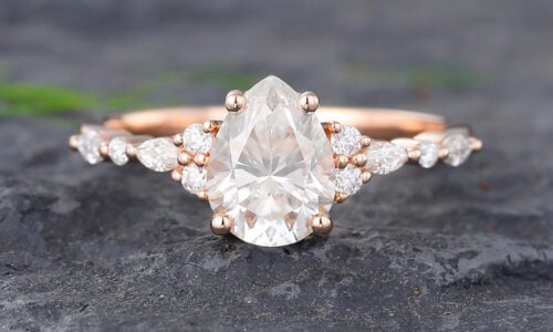 Pattiring Rose Gold 14K Pear Shaped Moissanite and Diamond Engagement Ring