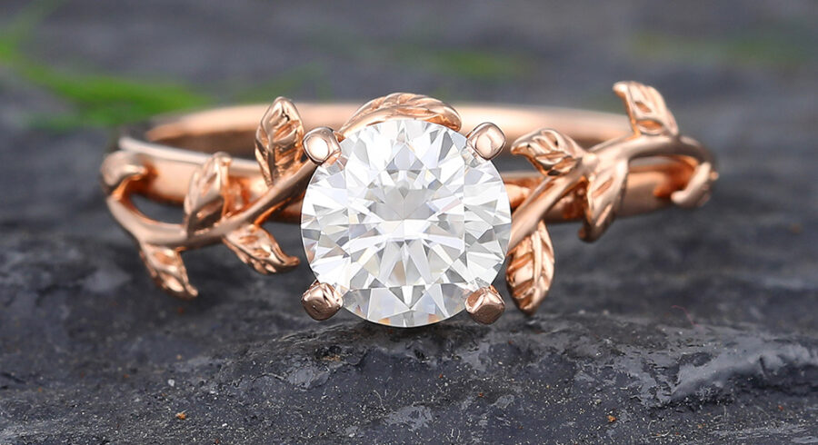 Pattiring Unique 1 Carat Moissanite Rose Gold Leaf Engagement Ring