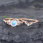 Pattiring Unique Moonstone Rose Gold Diamond Engagement Ring Set