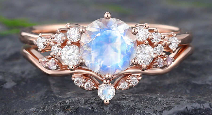 Pattiring 14K Rose Gold Moonstone Engagement Ring Set