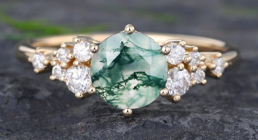 Pattiring Vintage Yellow Gold Moss Agate Engagement Ring Women