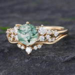 Pattiring Unique Moss Agate Yellow Gold Engagement Ring Set