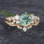 Pattiring Unique Moss Agate Yellow Gold Engagement Ring Set